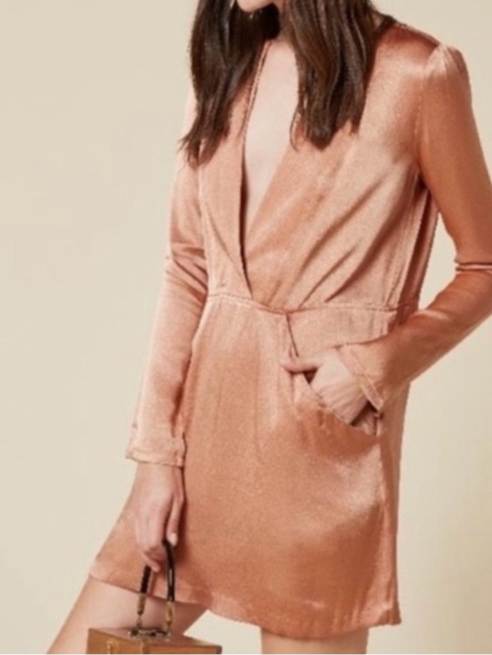 Reformation Peach Mini Dress 2 Deep V Long Sleeve Spring Wedding Guest Pockets